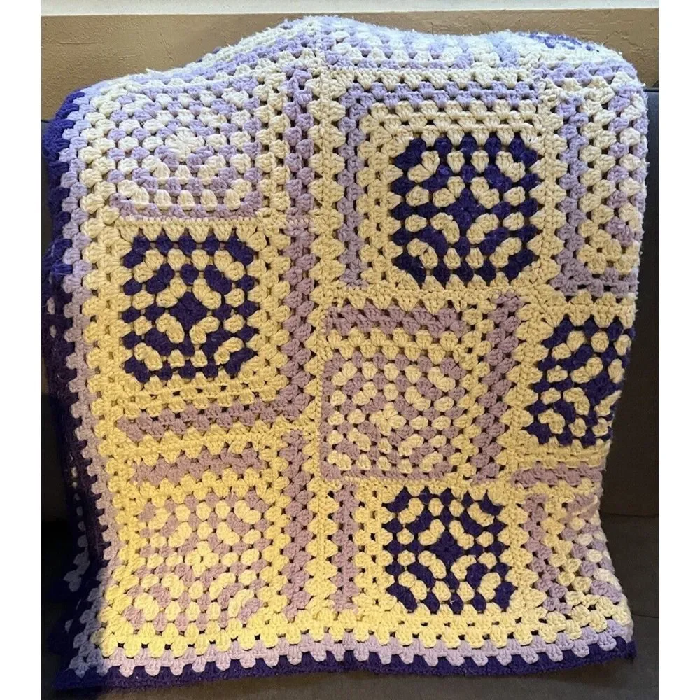Vtg Purple White Crochet Handmade Afghan Throw Blanket Granny Square Style 48x64